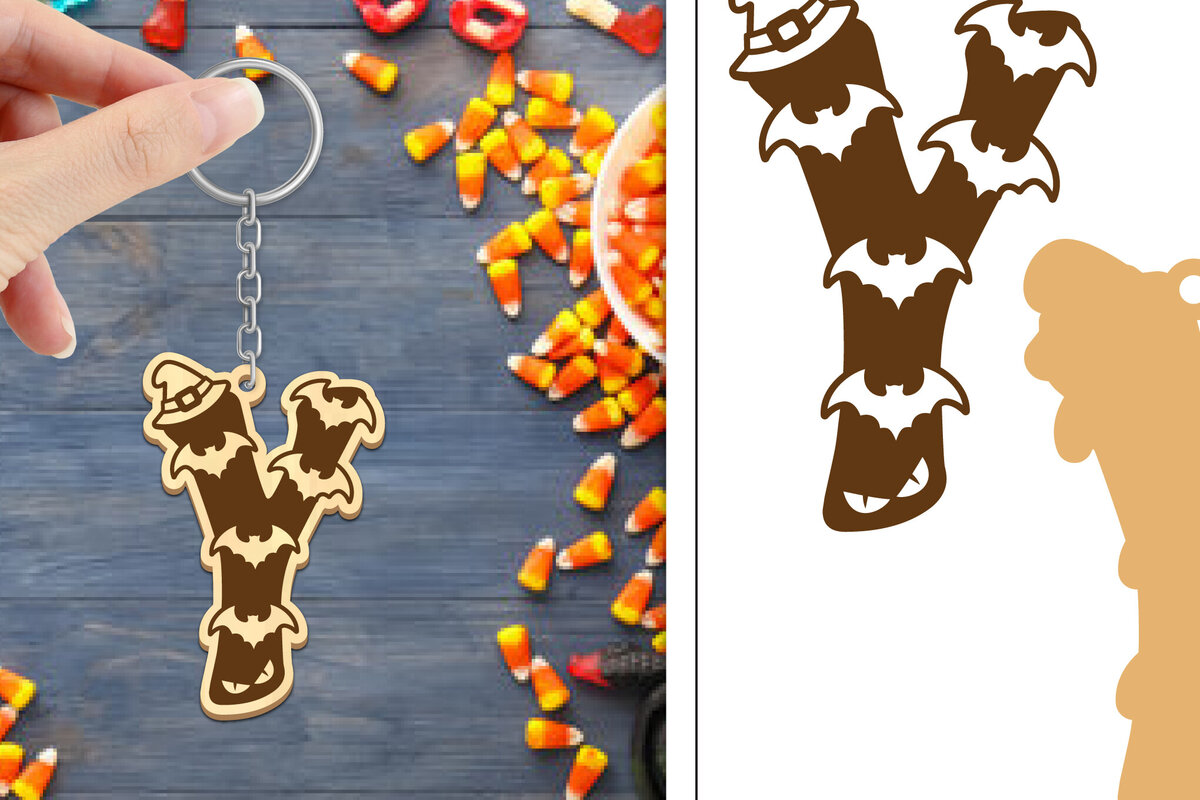 Σετ των 3 Intra απο ξύλο plywood 3mm-4mm πάχος - με μπρελόκ Halloween Aphabet Δίασταση 4x4 cm INTRAFABR-103747106