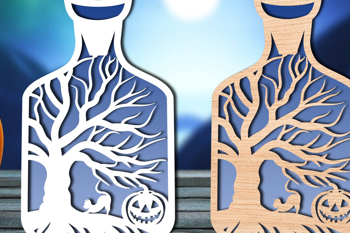Σετ των 3 Intra απο ξύλο plywood 3mm-4mm πάχος - Halloween Bottle Laser Cut  Δίασταση 15x15 cm INTRAFABR-105709807
