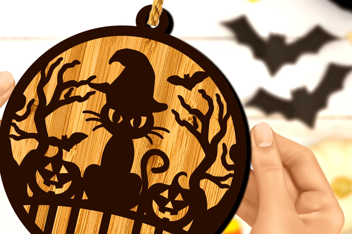 Σετ των 2 Intra απο ξύλο plywood 3mm-4mm πάχος - Στρογγυλό κρεμαστό σημάδι γάτας αποκριών Δίασταση 15x15 cm INTRAFABR-102913848