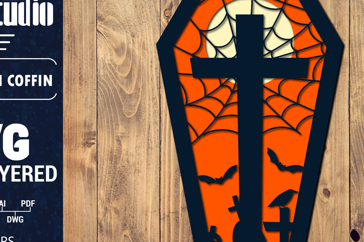 Σετ των 2 Intra απο ξύλο plywood 3mm-4mm πάχος - Halloween Coffin 3D  Papercut Laser Δίασταση 1500x1500 cm INTRAFABR-106705965