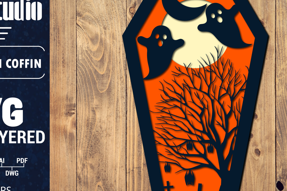 Σετ των 2 Intra απο ξύλο plywood 3mm-4mm πάχος - Halloween Coffin 3D  Papercut Laser Δίασταση 1500x1500 cm INTRAFABR-106706005