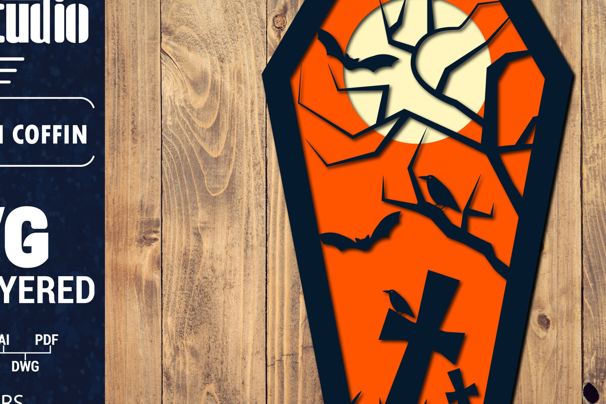 Σετ των 2 Intra απο ξύλο plywood 3mm-4mm πάχος - Halloween Coffin 3D  Papercut Laser Δίασταση 1500x1500 cm INTRAFABR-106706019