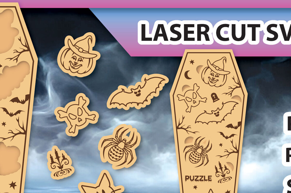 Σετ των 3 Intra απο ξύλο plywood 3mm-4mm πάχος - Halloween Coffin Puzzle Cut Laser  Δίασταση 15x15 cm INTRAFABR-104598889