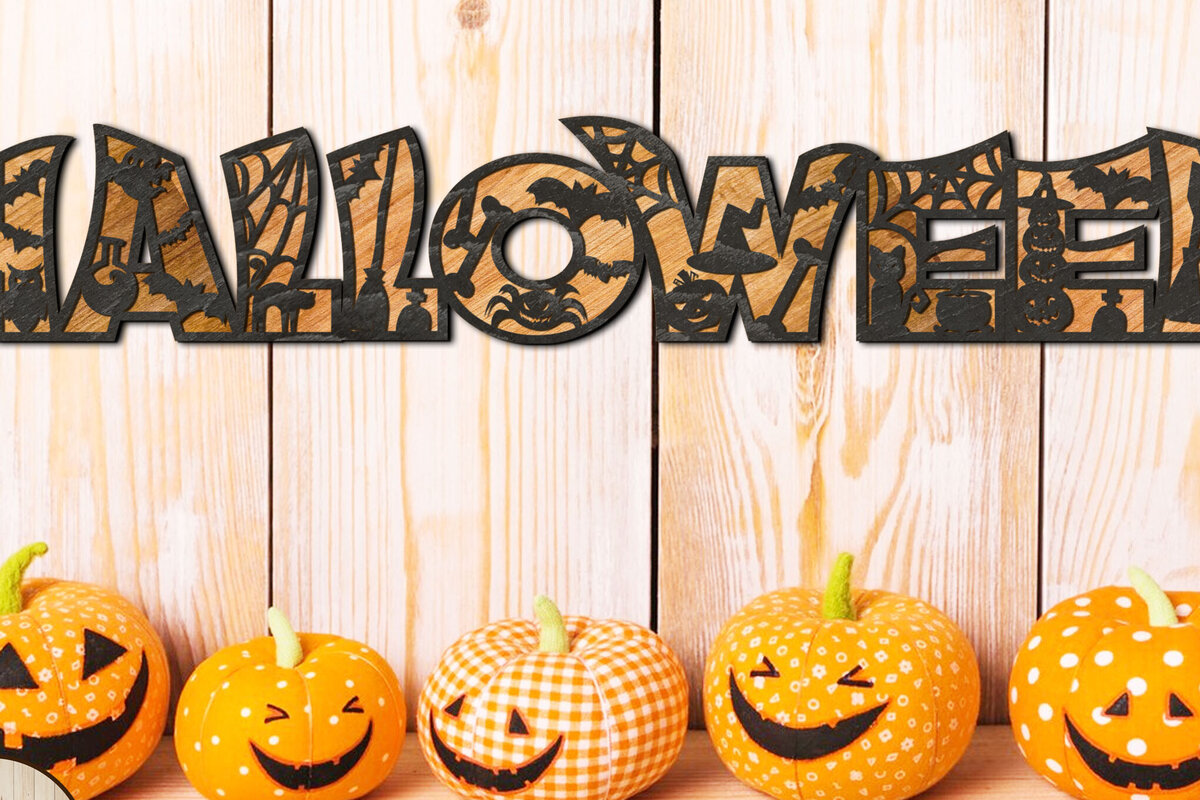 Σετ των 2 Intra απο ξύλο plywood 3mm-4mm πάχος - HALLOWEEN, Πρότυπο αποκοπής,  με λέιζερ Δίασταση 24x4 cm INTRAFABR-77842795