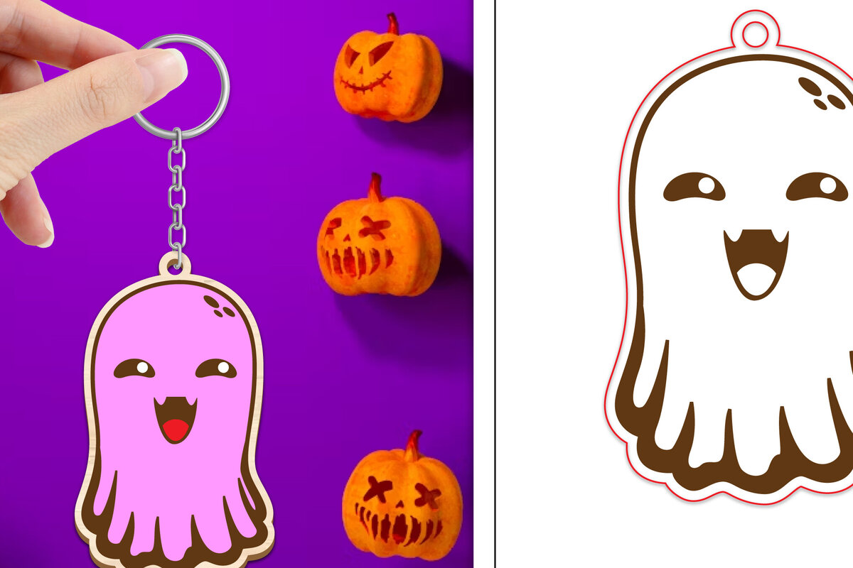 Σετ των 3 Intra απο ξύλο plywood 3mm-4mm πάχος - Halloween Cute Ghost Keychain Laser Cut Δίασταση 4x4 cm INTRAFABR-102621667