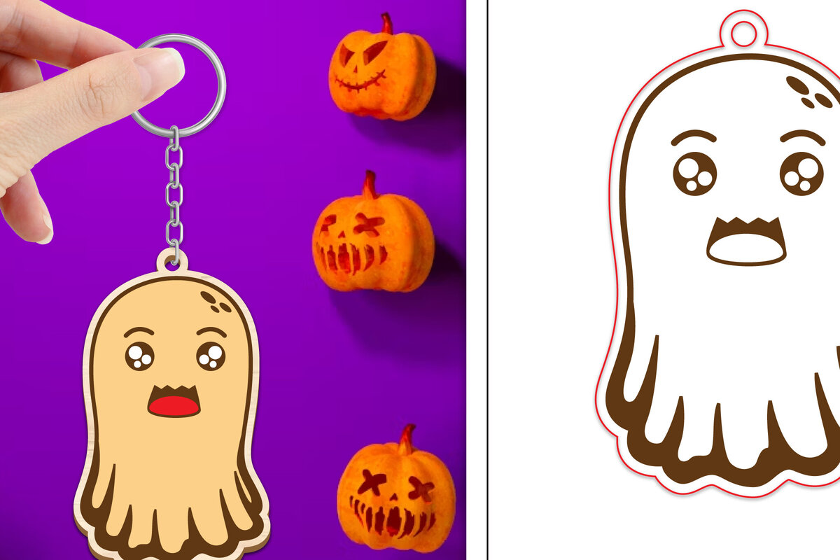 Σετ των 3 Intra απο ξύλο plywood 3mm-4mm πάχος - Halloween Cute Ghost Keychain Laser Cut Δίασταση 4x4 cm INTRAFABR-102621699