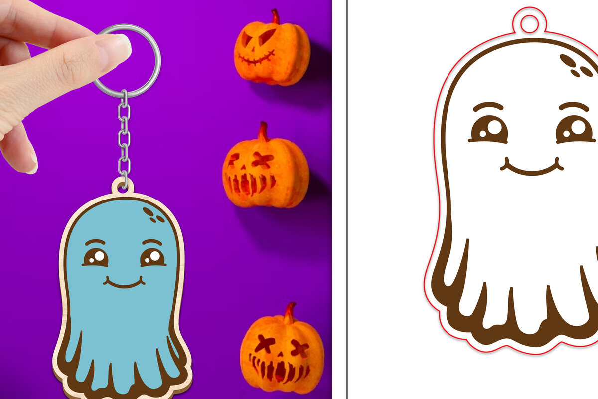 Σετ των 3 Intra απο ξύλο plywood 3mm-4mm πάχος - Halloween Cute Ghost Keychain Laser Cut Δίασταση 4x4 cm INTRAFABR-102621447