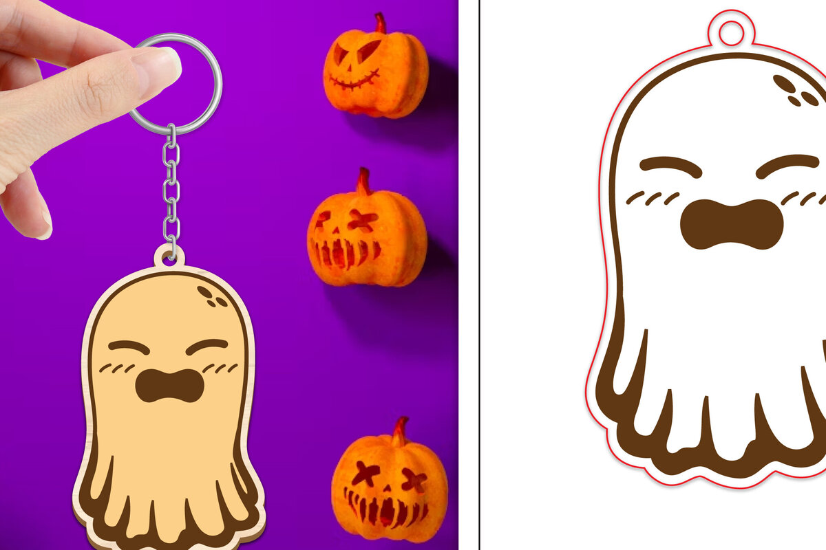 Σετ των 3 Intra απο ξύλο plywood 3mm-4mm πάχος - Halloween Cute Ghost Keychain Laser Cut Δίασταση 4x4 cm INTRAFABR-102621528