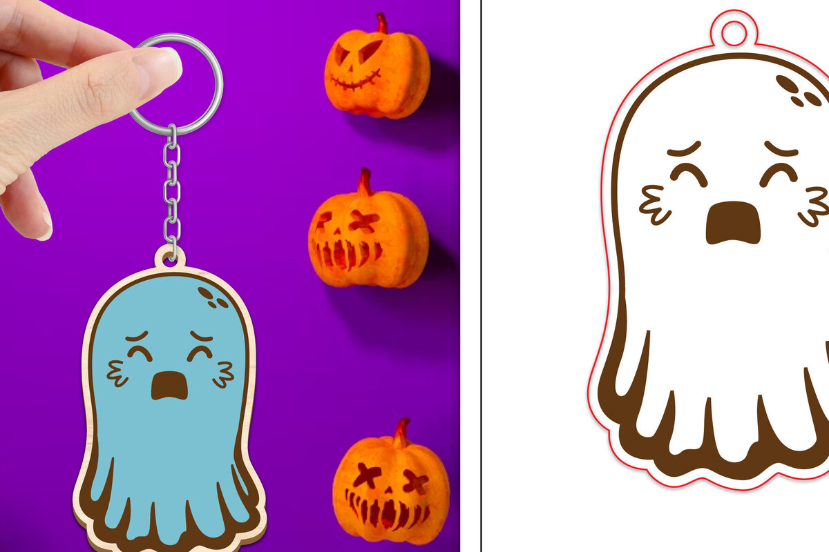 Σετ των 3 Intra απο ξύλο plywood 3mm-4mm πάχος - Halloween Cute Ghost Keychain Laser Cut Δίασταση 4x4 cm INTRAFABR-102621272