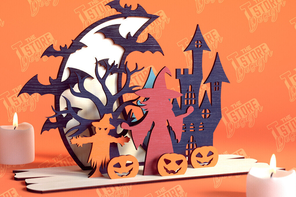 Σετ των 2 Intra απο ξύλο plywood 3mm-4mm πάχος - Διακόσμηση αποκριών | 3D σκηνή αποκριών|CNC Δίασταση 15x15 cm INTRAFABR-103793029