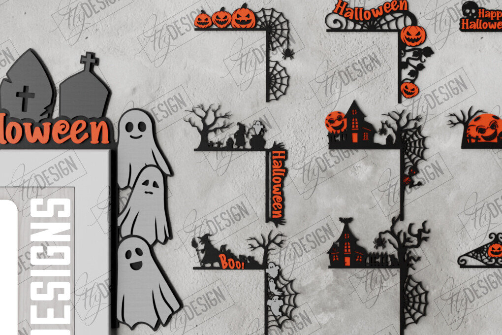 Σετ των 2 Intra απο ξύλο plywood 3mm-4mm πάχος - Πακέτο Halloween Door Corners |  CNC Δίασταση 15x15 cm INTRAFABR-104677340