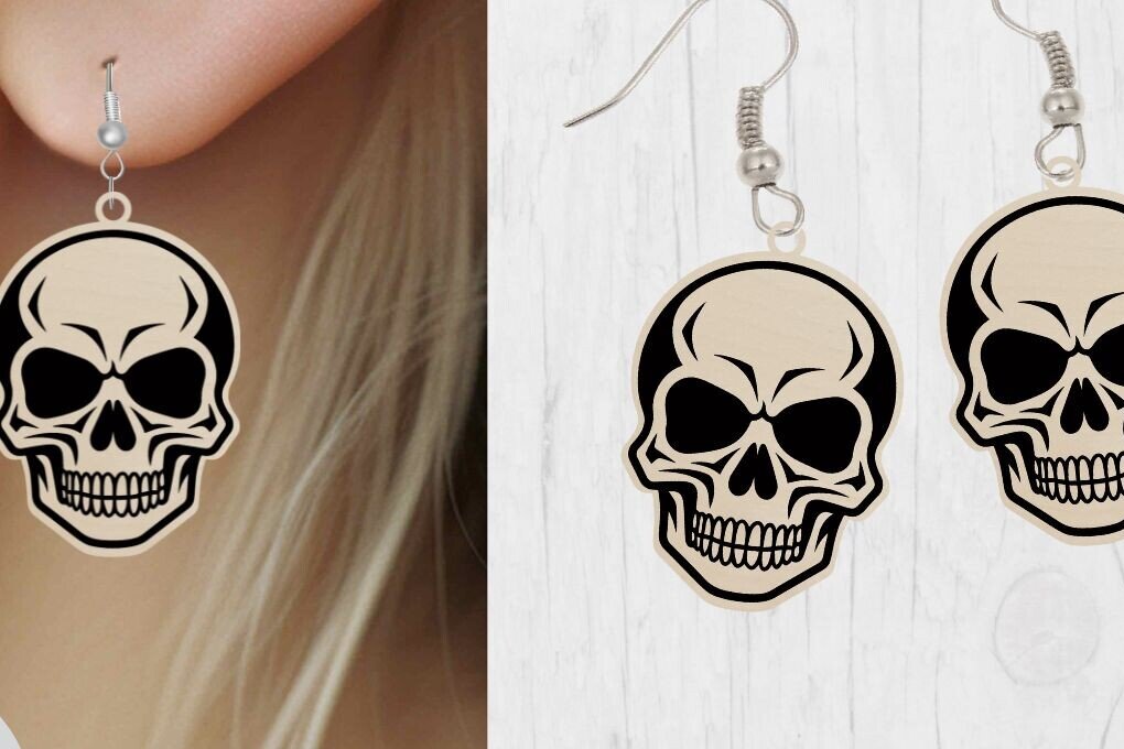 Σετ των 3 Intra απο ξύλο plywood 3mm-4mm πάχος - Αποκριάτικο σκουλαρίκι με λέιζερ κομμένο , κρανίο Δίασταση 3x3 cm INTRAFABR-77017297