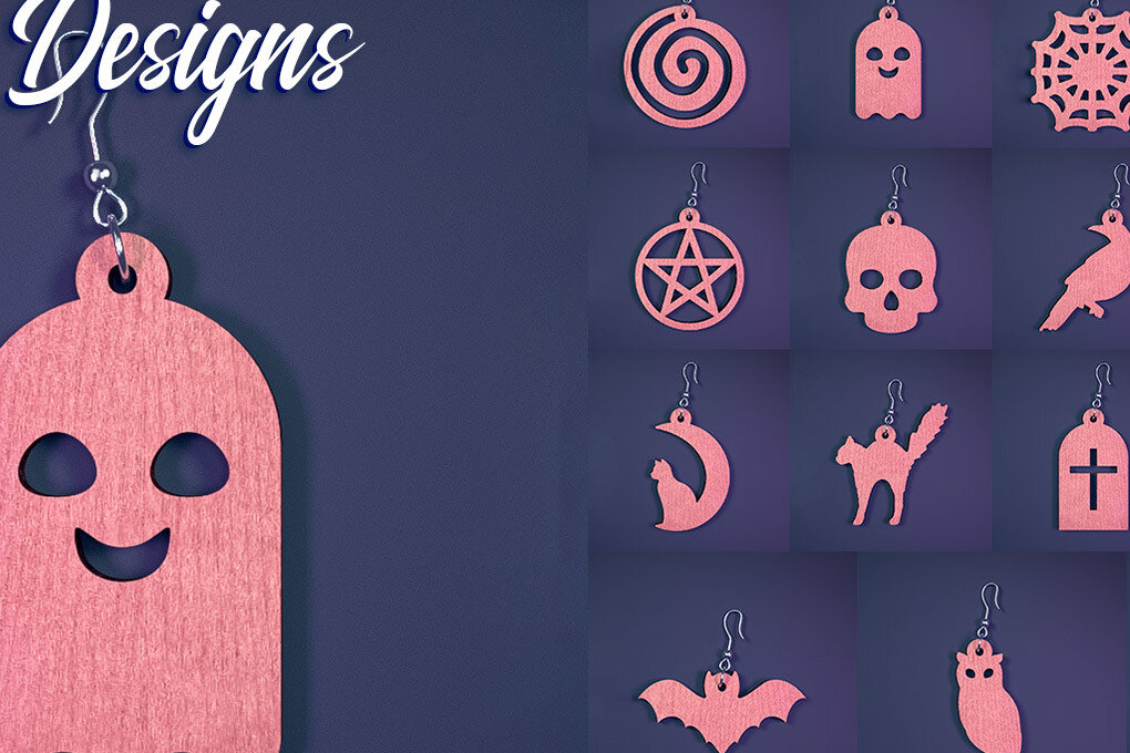 Σετ των 3 Intra απο ξύλο plywood 3mm-4mm πάχος - Αποκριάτικα σκουλαρίκια με λέιζερ  |Spooky Δίασταση 3x3 cm INTRAFABR-73060794