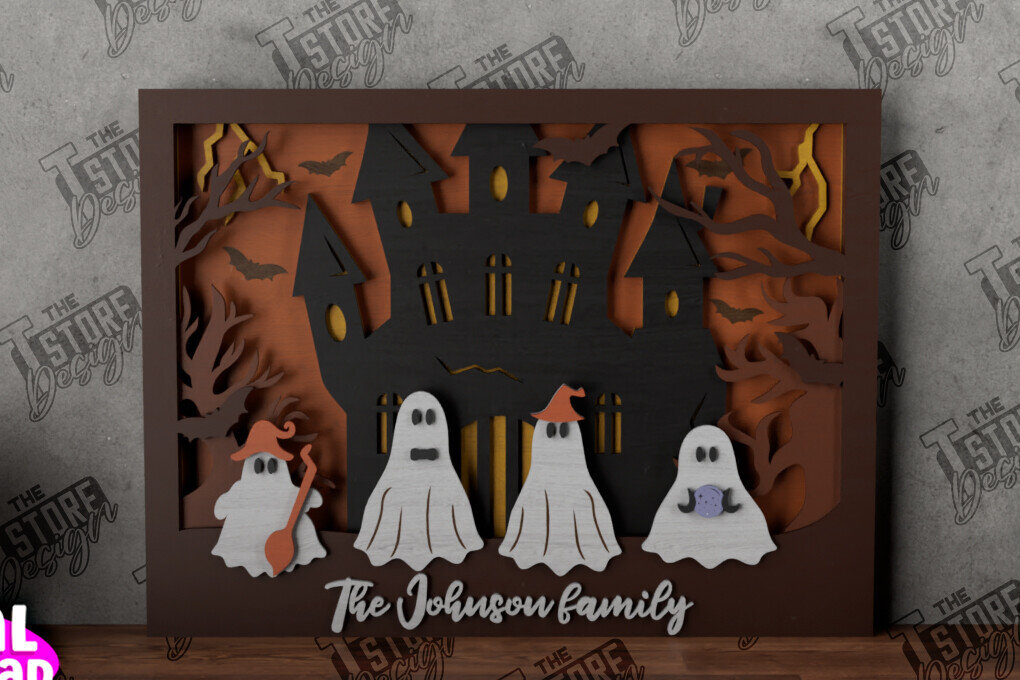 Σετ των 2 Intra απο ξύλο plywood 3mm-4mm πάχος - Halloween Family Sign|3D Halloween Scene Δίασταση 15x15 cm INTRAFABR-104785826