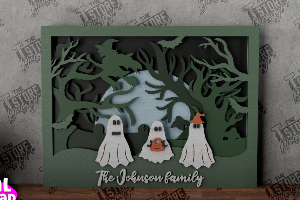 Σετ των 2 Intra απο ξύλο plywood 3mm-4mm πάχος - Halloween Family Sign|3D Halloween Scene Δίασταση 15x15 cm INTRAFABR-104785829