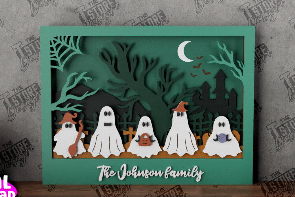 Σετ των 2 Intra απο ξύλο plywood 3mm-4mm πάχος - Halloween Family Sign|3D Halloween Scene Δίασταση 15x15 cm INTRAFABR-104785840
