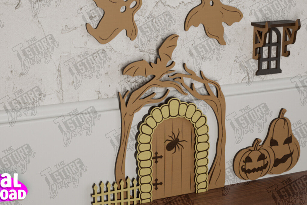 Σετ των 2 Intra απο ξύλο plywood 3mm-4mm πάχος - Halloween Garden Door | Μαγική Πόρτα | CNC Δίασταση 15x15 cm INTRAFABR-104624318