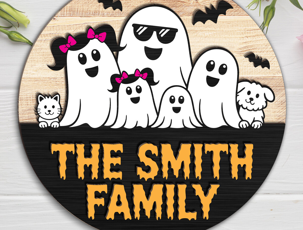 Σετ των 2 Intra απο ξύλο plywood 3mm-4mm πάχος - Πινακίδα οικογενειακής πόρτας Halloween Ghost  Δίασταση 15x15 cm INTRAFABR-123580611