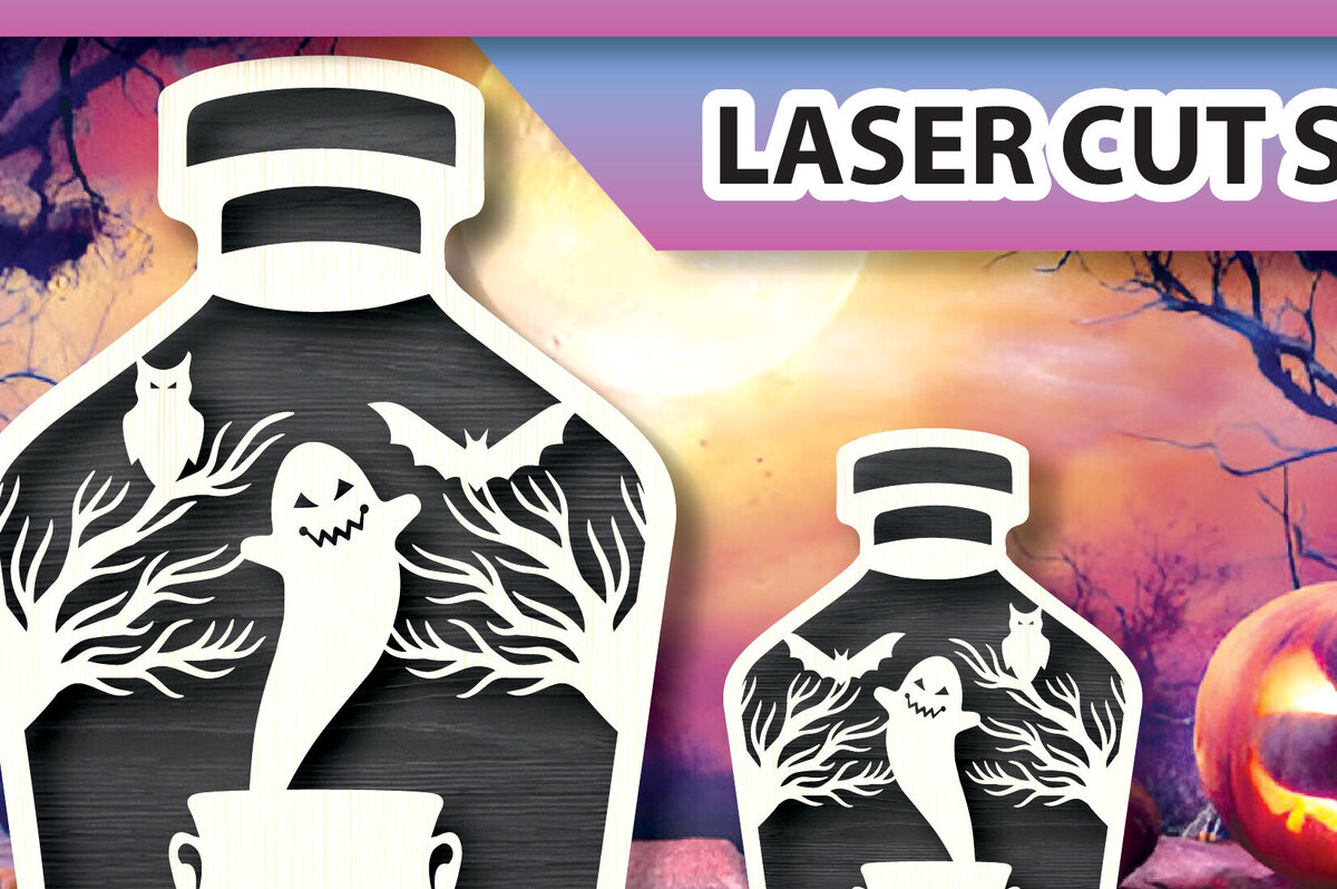 Σετ των 2 Intra απο ξύλο plywood 3mm-4mm πάχος - Halloween Ghost in Jar Laser Cut  Δίασταση 15x15 cm INTRAFABR-104487178