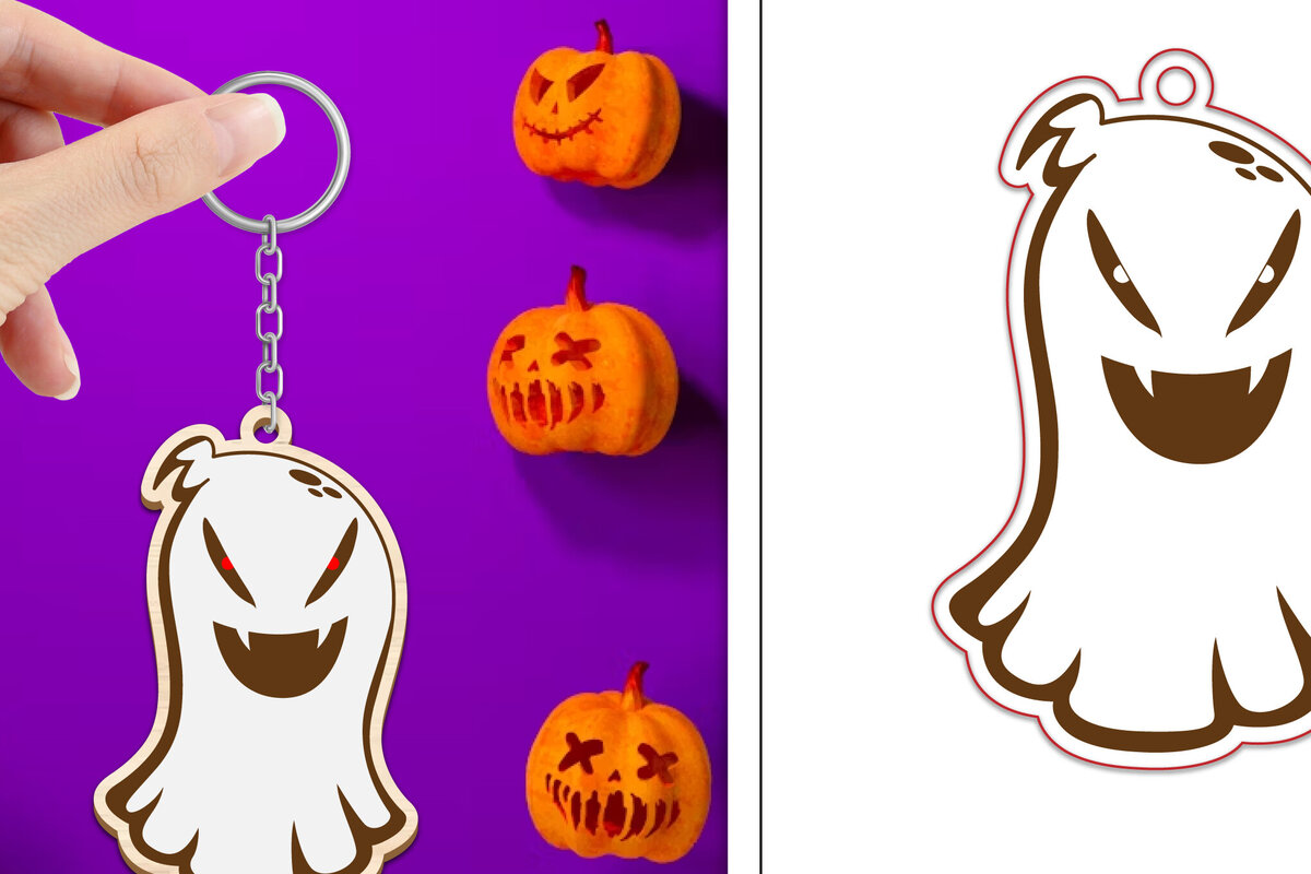 Σετ των 3 Intra απο ξύλο plywood 3mm-4mm πάχος - με μπρελόκ Halloween Ghost Δίασταση 4x4 cm INTRAFABR-102519057