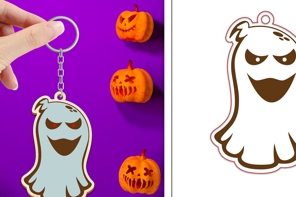 Σετ των 3 Intra απο ξύλο plywood 3mm-4mm πάχος - με μπρελόκ Halloween Ghost Δίασταση 4x4 cm INTRAFABR-102519127