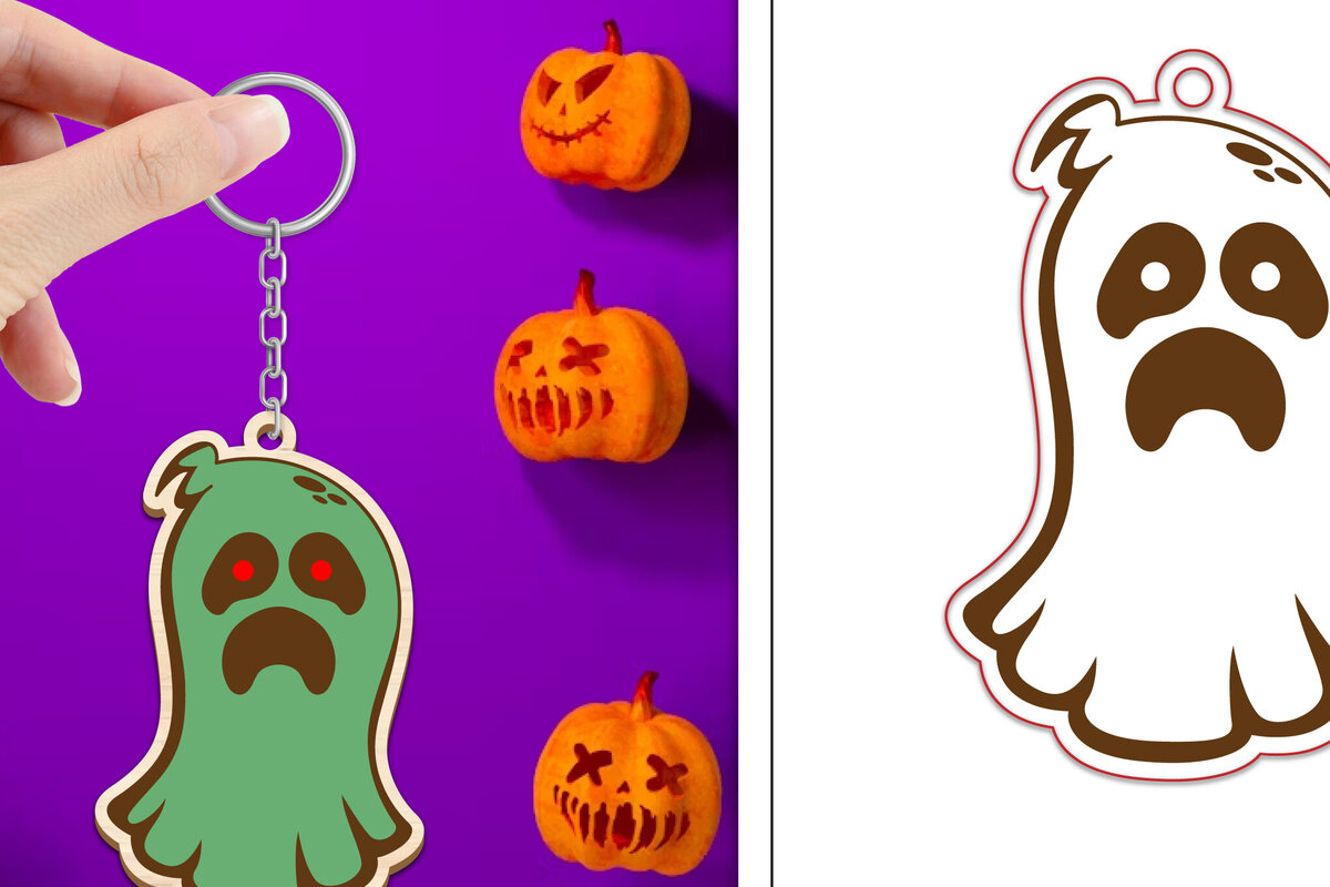 Σετ των 3 Intra απο ξύλο plywood 3mm-4mm πάχος - με μπρελόκ Halloween Ghost Δίασταση 4x4 cm INTRAFABR-102519154