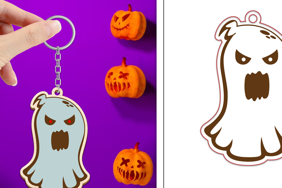 Σετ των 3 Intra απο ξύλο plywood 3mm-4mm πάχος - με μπρελόκ Halloween Ghost Δίασταση 4x4 cm INTRAFABR-102519257