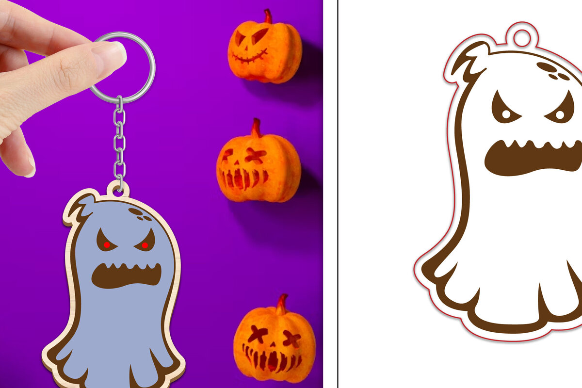 Σετ των 3 Intra απο ξύλο plywood 3mm-4mm πάχος - με μπρελόκ Halloween Ghost Δίασταση 4x4 cm INTRAFABR-102519301