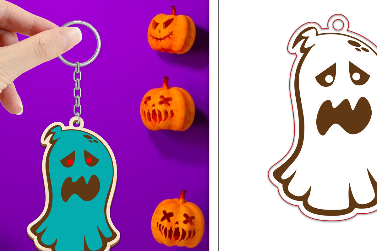 Σετ των 3 Intra απο ξύλο plywood 3mm-4mm πάχος - με μπρελόκ Halloween Ghost Δίασταση 4x4 cm INTRAFABR-102519341