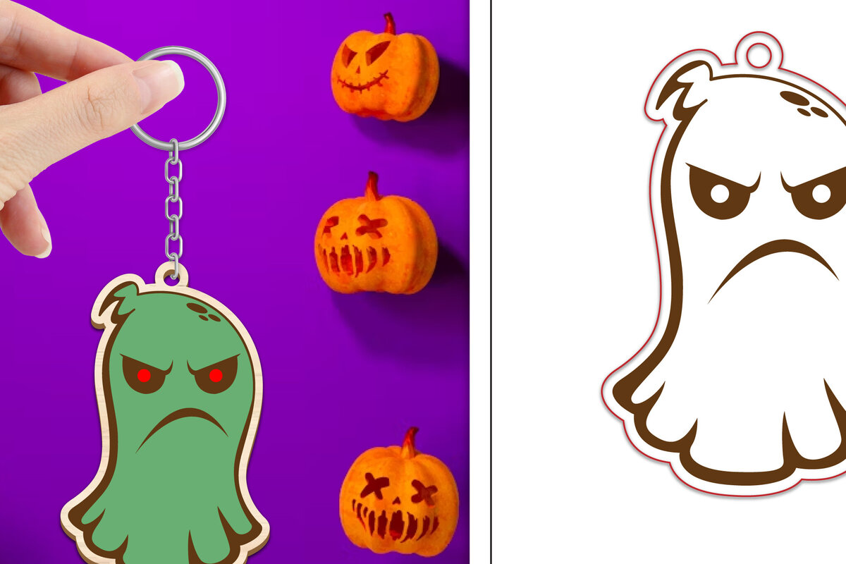 Σετ των 3 Intra απο ξύλο plywood 3mm-4mm πάχος - με μπρελόκ Halloween Ghost Δίασταση 4x4 cm INTRAFABR-102518683