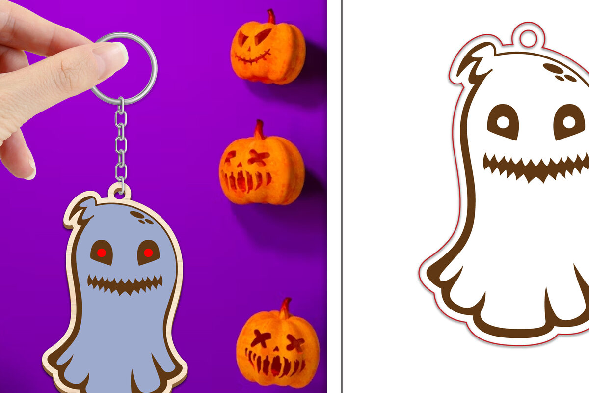 Σετ των 3 Intra απο ξύλο plywood 3mm-4mm πάχος - με μπρελόκ Halloween Ghost Δίασταση 4x4 cm INTRAFABR-102519003