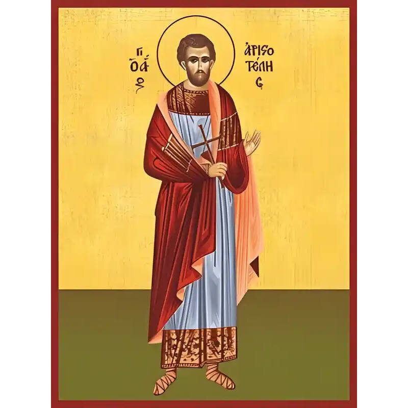 Εικόνα Ορθοδοξίας με περίγραμμα χρυσό σε ξύλο Φλαμουρίας  με  βάση Εικόνα ΑΓΙΟΣ ΑΡΙΣΤΟΤΕΛΗΣ, ΜΑΡΤΥΣ, ΟΛΟΣΩΜΟΣ Χειροποίητη Ελληνορθόδοξη εικόνα του Ιησού Χριστού, Κρεμαστή πλάκα βυζαντινής τέχνης, χριστιανική τέχνη Διάσταση 40x30 cm (10,2x7,9 ίντσες)  INTR