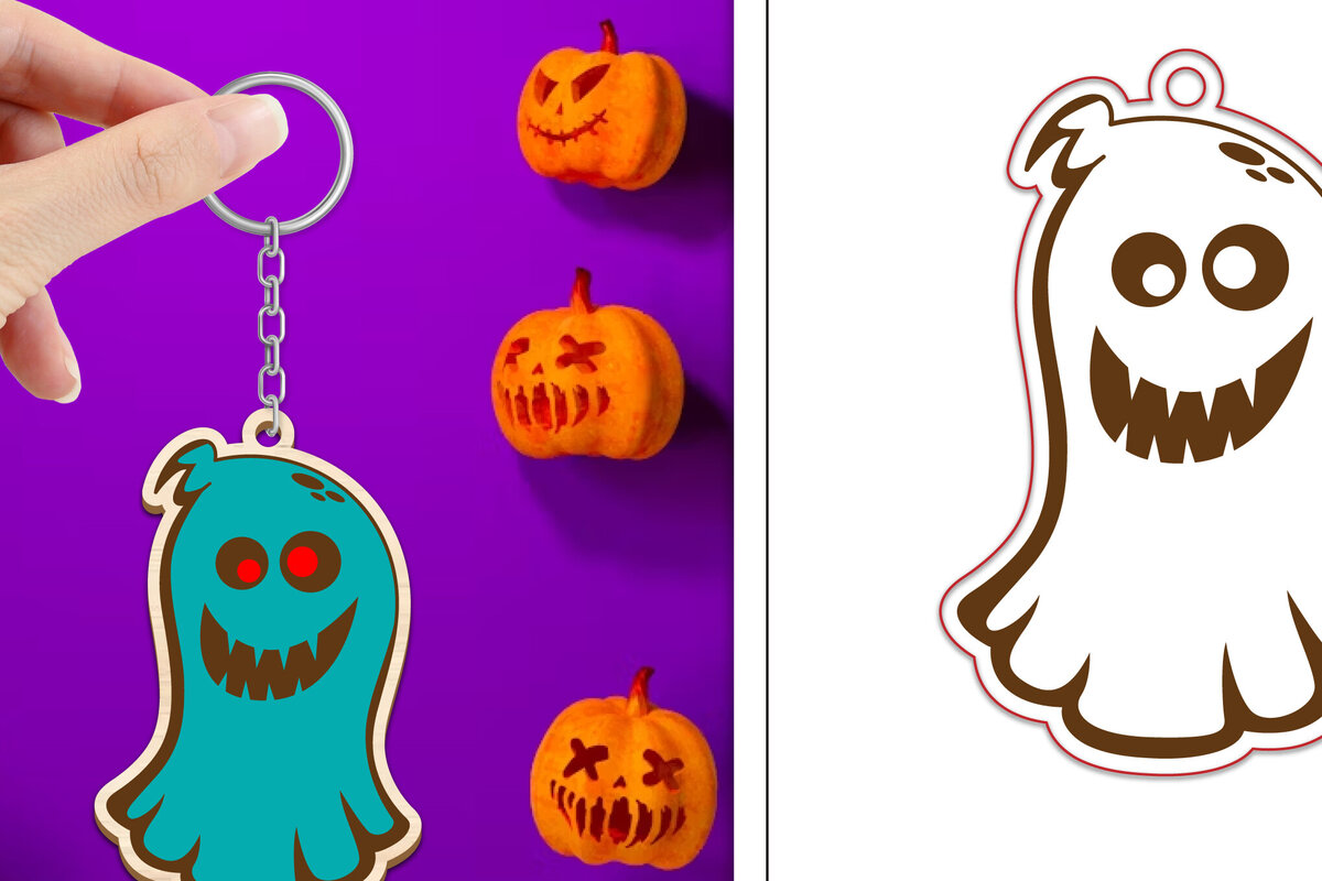 Σετ των 3 Intra απο ξύλο plywood 3mm-4mm πάχος - με μπρελόκ Halloween Ghost Δίασταση 4x4 cm INTRAFABR-102519031