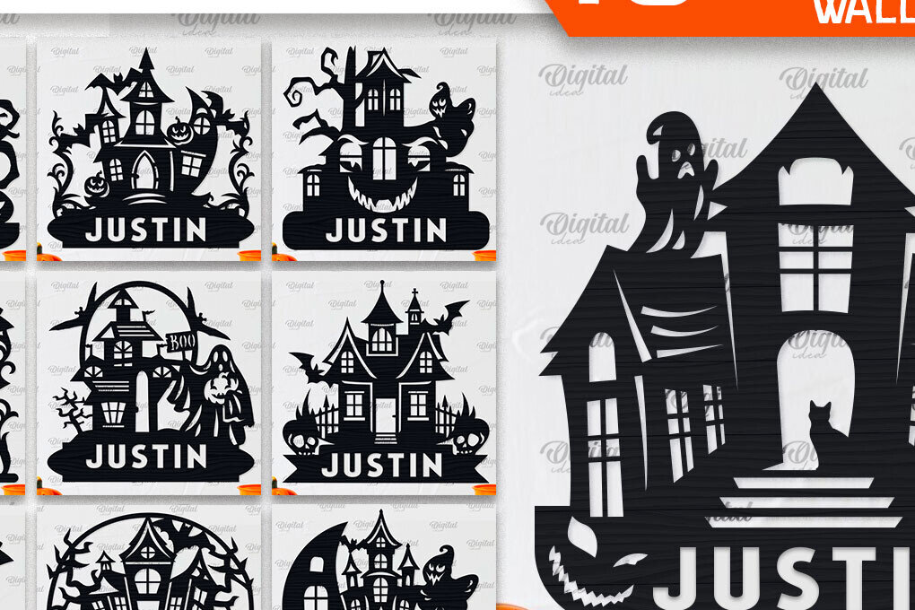 Σετ των 2 Intra απο ξύλο plywood 3mm-4mm πάχος - Πακέτο κοπής λέιζερ Haunted House Halloween Δίασταση 15x15 cm INTRAFABR-104234657