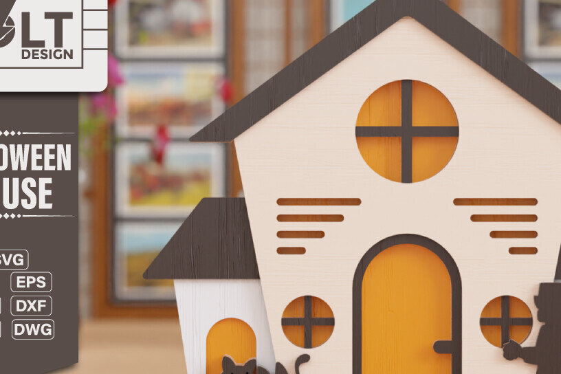 Σετ των 2 Intra απο ξύλο plywood 3mm-4mm πάχος - Halloween House 3D  Πολυεπίπεδη κοπή Δίασταση 20x25 cm INTRAFABR-102741999