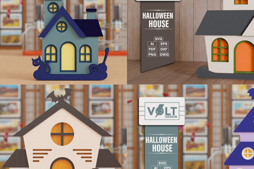 Σετ των 2 Intra απο ξύλο plywood 3mm-4mm πάχος - Halloween House 3D  Πολυεπίπεδη κοπή Δίασταση 20x25 cm INTRAFABR-102991438