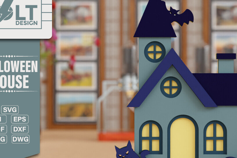 Σετ των 2 Intra απο ξύλο plywood 3mm-4mm πάχος - Halloween House 3D  Πολυεπίπεδη κοπή Δίασταση 20x25 cm INTRAFABR-102146360