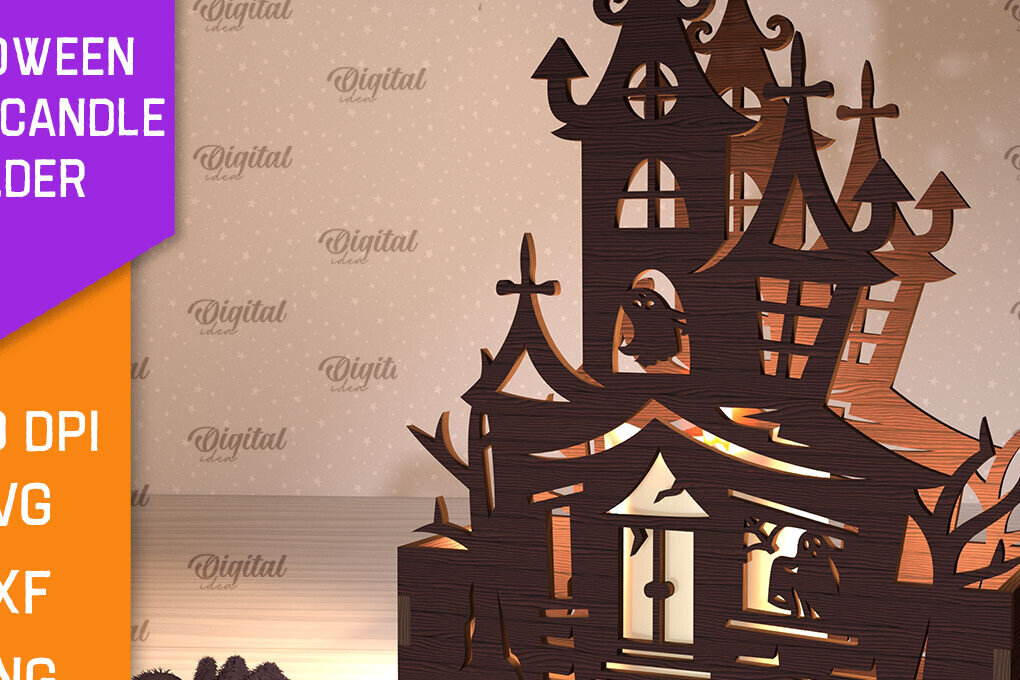 Σετ των 2 Intra απο ξύλο plywood 3mm-4mm πάχος - Κηροπήγιο Halloween House Δίασταση 15x15 cm INTRAFABR-103939288