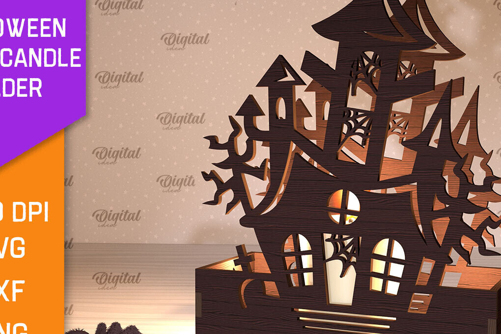 Σετ των 2 Intra απο ξύλο plywood 3mm-4mm πάχος - Κηροπήγιο Halloween House Δίασταση 15x15 cm INTRAFABR-103939121