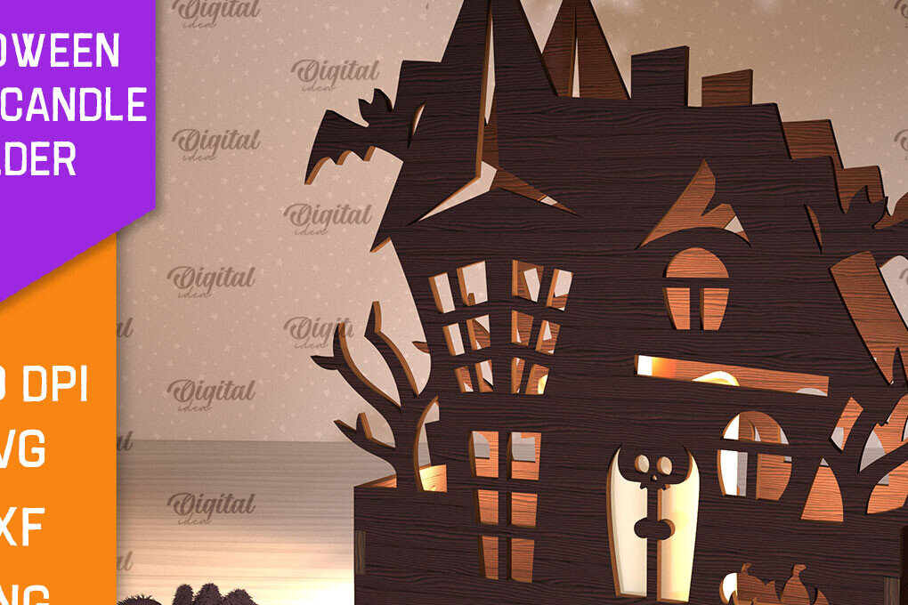 Σετ των 2 Intra απο ξύλο plywood 3mm-4mm πάχος - Κηροπήγιο Halloween House Δίασταση 15x15 cm INTRAFABR-103939147