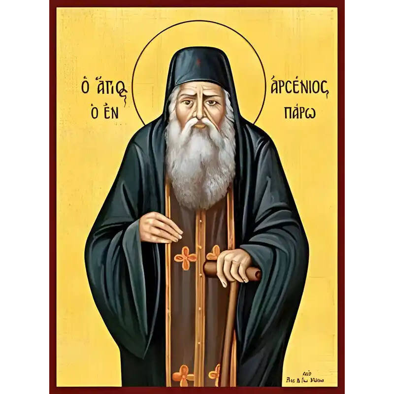 Εικόνα Ορθοδοξίας με περίγραμμα χρυσό σε ξύλο Φλαμουρίας  με  βάση Εικόνα ΑΓΙΟΣ ΑΡΣΕΝΙΟΣ Ο ΝΕΟΣ, Ο ΕΝ ΤΗ ΝΗΣΩ ΠΑΡΩ Χειροποίητη Ελληνορθόδοξη εικόνα του Ιησού Χριστού, Κρεμαστή πλάκα βυζαντινής τέχνης, χριστιανική τέχνη Διάσταση 40x30 cm (10,2x7,9 ίντσες)