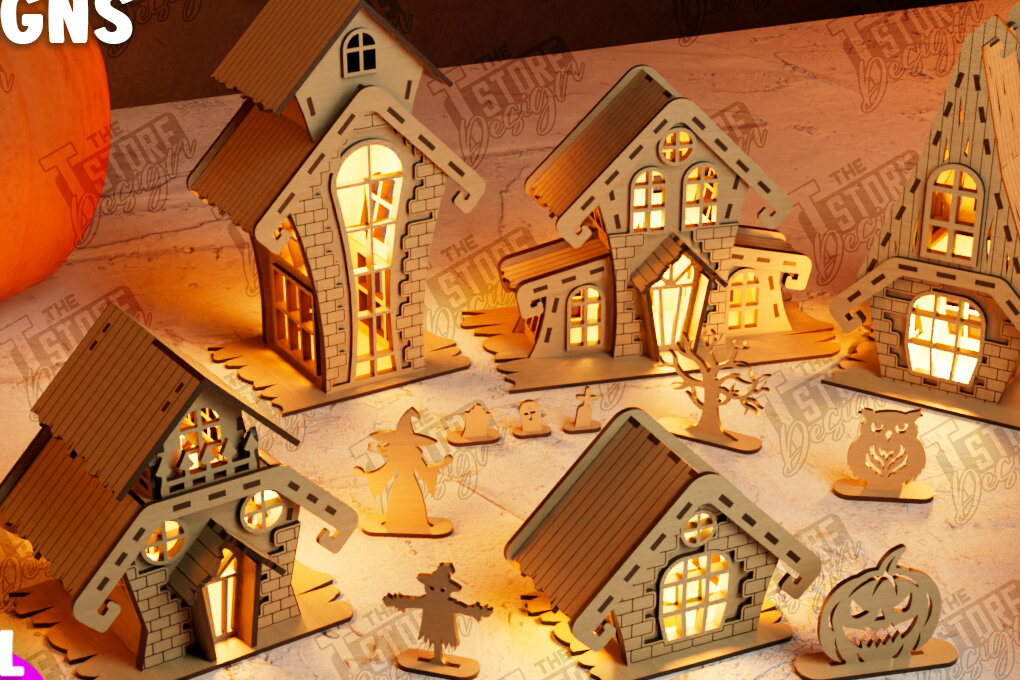 Σετ των 2 Intra απο ξύλο plywood 3mm-4mm πάχος - Πακέτο Haunted House Lantern Halloween Δίασταση 15x15 cm INTRAFABR-105203350