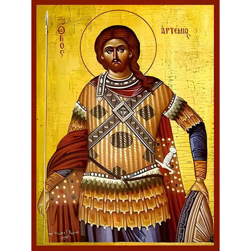 Εικόνα Ορθοδοξίας με περίγραμμα χρυσό σε ξύλο Φλαμουρίας  με  βάση Εικόνα ΑΓΙΟΣ ΑΡΤΕΜΙΟΣ, Ο ΜΕΓΑΛΟΜΑΡΤΥΣ, ΑΝΤΙΟΧΕΙΑΣ Χειροποίητη Ελληνορθόδοξη εικόνα του Ιησού Χριστού, Κρεμαστή πλάκα βυζαντινής τέχνης, χριστιανική τέχνη Διάσταση 40x30 cm (10,2x7,9 ίντσες