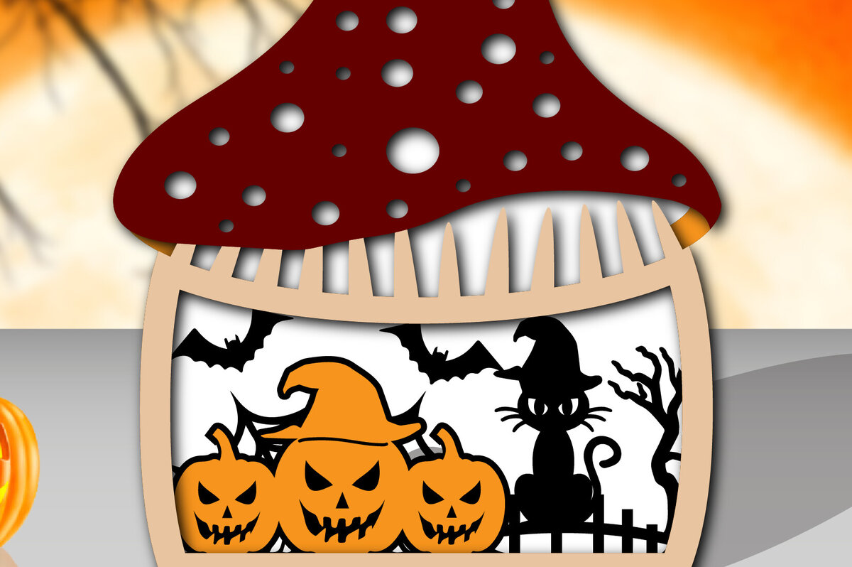 Σετ των 2 Intra απο ξύλο plywood 3mm-4mm πάχος - Halloween Mushroom House τρισδιάστατη  Δίασταση 15x15 cm INTRAFABR-107514533