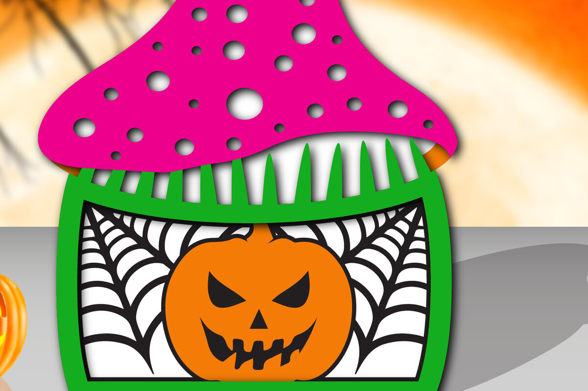 Σετ των 2 Intra απο ξύλο plywood 3mm-4mm πάχος - Halloween Mushroom House τρισδιάστατη  Δίασταση 15x15 cm INTRAFABR-107514490