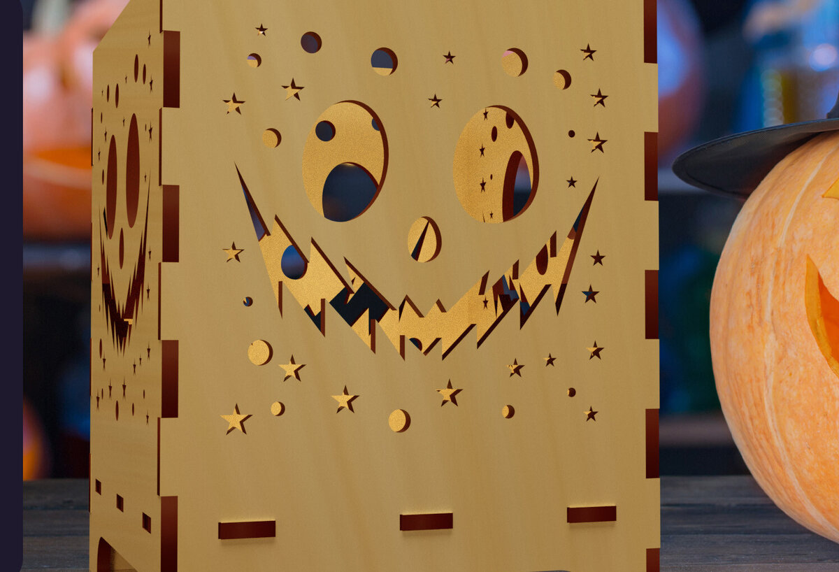 Σετ των 3 Intra απο ξύλο plywood 3mm-4mm πάχος - Halloween Night Lantern Laser Cut  02 Δίασταση 4x4 cm INTRAFABR-78854157