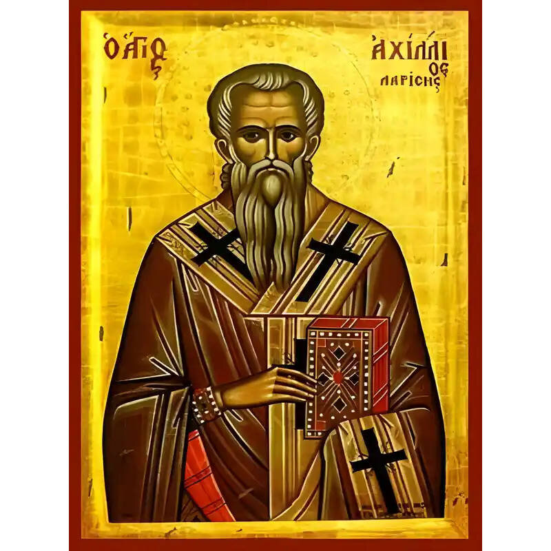 Εικόνα Ορθοδοξίας με περίγραμμα χρυσό σε ξύλο Φλαμουρίας  με  βάση Εικόνα ΑΓΙΟΣ ΑΧΙΛΛΙΟΣ, ΕΠΙΣΚΟΠΟΣ ΛΑΡΙΣΗΣ Χειροποίητη Ελληνορθόδοξη εικόνα του Ιησού Χριστού, Κρεμαστή πλάκα βυζαντινής τέχνης, χριστιανική τέχνη Διάσταση 40x30 cm (10,2x7,9 ίντσες)  INTRAE