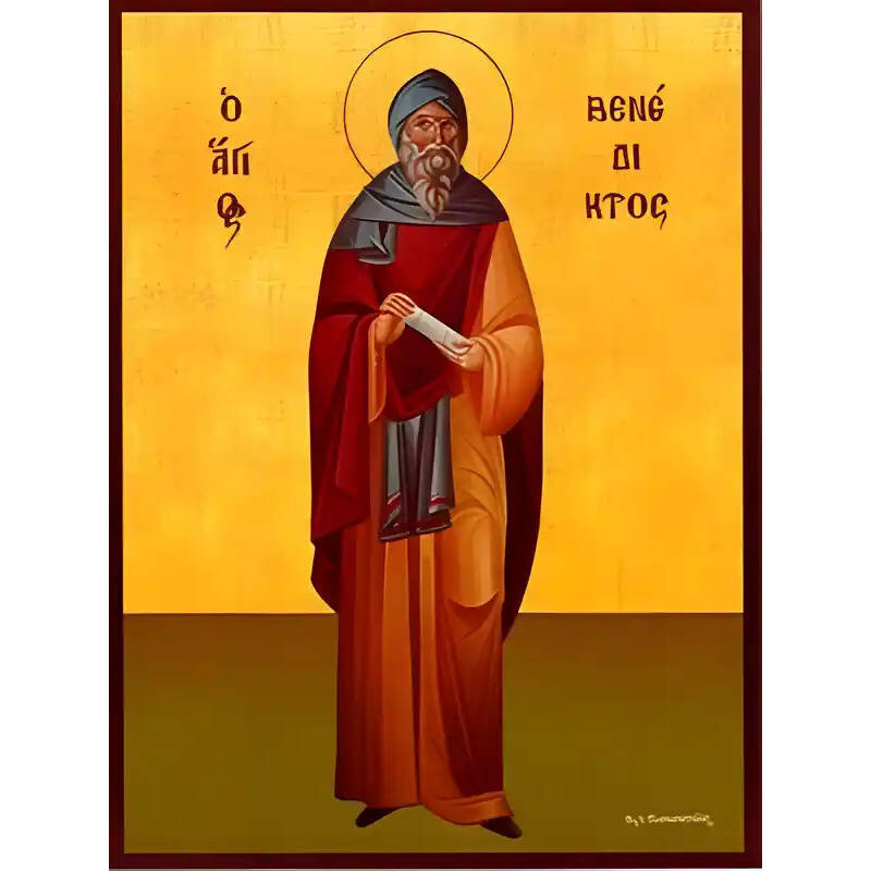 Εικόνα Ορθοδοξίας με περίγραμμα χρυσό σε ξύλο Φλαμουρίας  με  βάση Εικόνα ΑΓΙΟΣ ΒΕΝΕΔΙΚΤΟΣ ΤΗΣ ΝΟΥΡΣΙΑ, ΟΛΟΣΩΜΟΣ Χειροποίητη Ελληνορθόδοξη εικόνα του Ιησού Χριστού, Κρεμαστή πλάκα βυζαντινής τέχνης, χριστιανική τέχνη Διάσταση 40x30 cm (10,2x7,9 ίντσες)  I