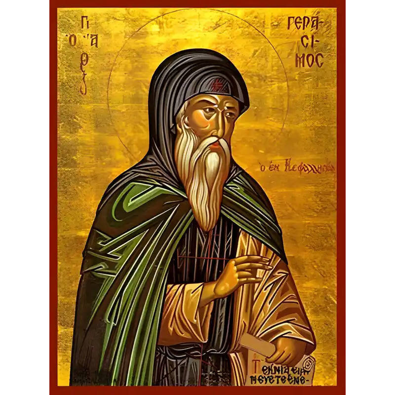 Εικόνα Ορθοδοξίας με περίγραμμα χρυσό σε ξύλο Φλαμουρίας  με  βάση Εικόνα ΑΓΙΟΣ ΓΕΡΑΣΙΜΟΣ Ο ΕΚ ΚΕΦΑΛΛΗΝΙΑΣ Χειροποίητη Ελληνορθόδοξη εικόνα του Ιησού Χριστού, Κρεμαστή πλάκα βυζαντινής τέχνης, χριστιανική τέχνη Διάσταση 40x30 cm (10,2x7,9 ίντσες)  INTRAEK