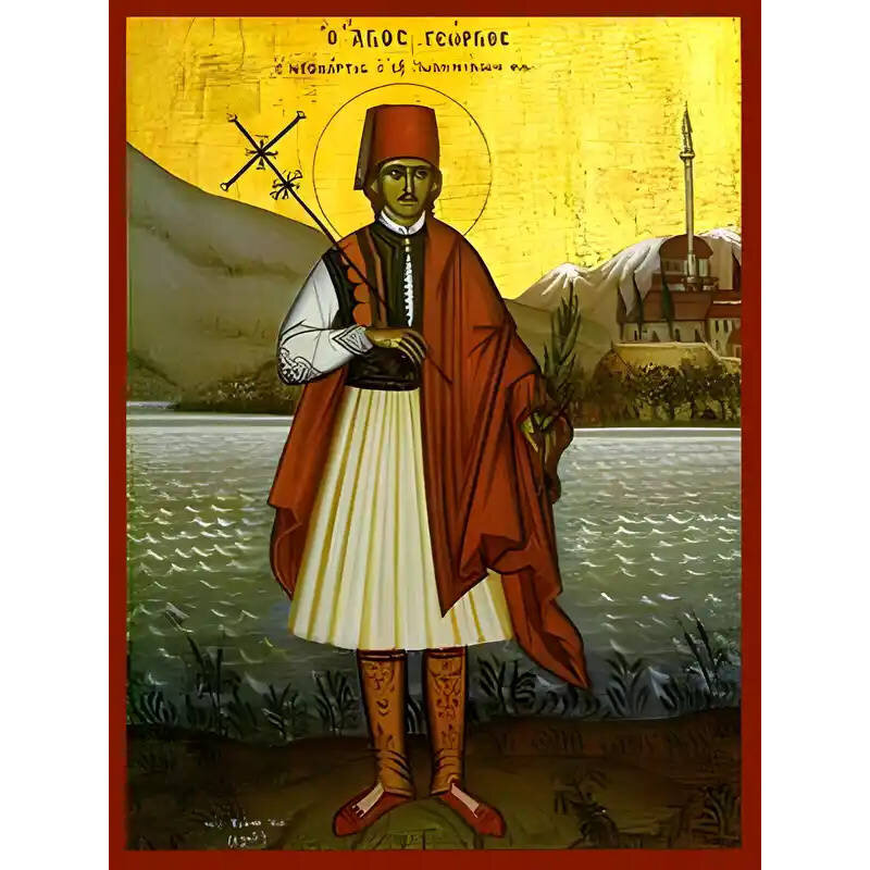 Εικόνα Ορθοδοξίας με περίγραμμα χρυσό σε ξύλο Φλαμουρίας  με  βάση Εικόνα ΑΓΙΟΣ ΓΕΩΡΓΙΟΣ ΝΕΟΜΑΡΤΥΣ, Ο ΕΞ’ ΙΩΑΝΝΙΝΩΝ, ΟΛΟΣΩΜΟΣ Χειροποίητη Ελληνορθόδοξη εικόνα του Ιησού Χριστού, Κρεμαστή πλάκα βυζαντινής τέχνης, χριστιανική τέχνη Διάσταση 40x30 cm (10,2x7
